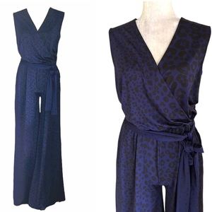 JB Julie Brown Zoey Leopard Wrap Tie Waist Wide Leg Jumpsuit in Navy Sassy - S